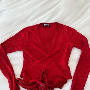 Reformation Red Ribbed Wrap Blouse